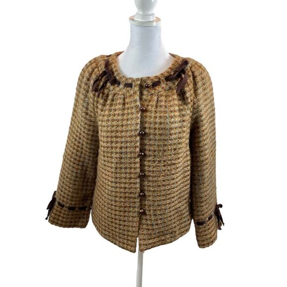 Tibi Brand Wool Blend Tweed Bow Detail Button Front Jacket Silk Lining Medium - Picture 1 of 13
